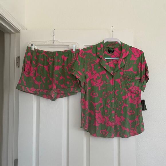 Kate Spade Pajama Set Shortie Pink & Green Floral Pockets Women's Medium NWT - Picture 1 of 12